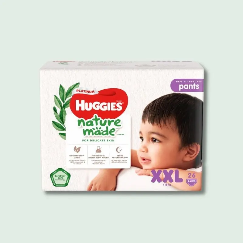 Bỉm/tã dán/quần Huggies Platinum Nature Made Size NB60/S82/M64/L54/XL44/XXL26 8