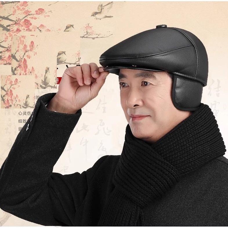 Mũ nồi nam trung niên chất liệu da Pu trong lót nỉ lông siêu ấm có che tai Hat Nón