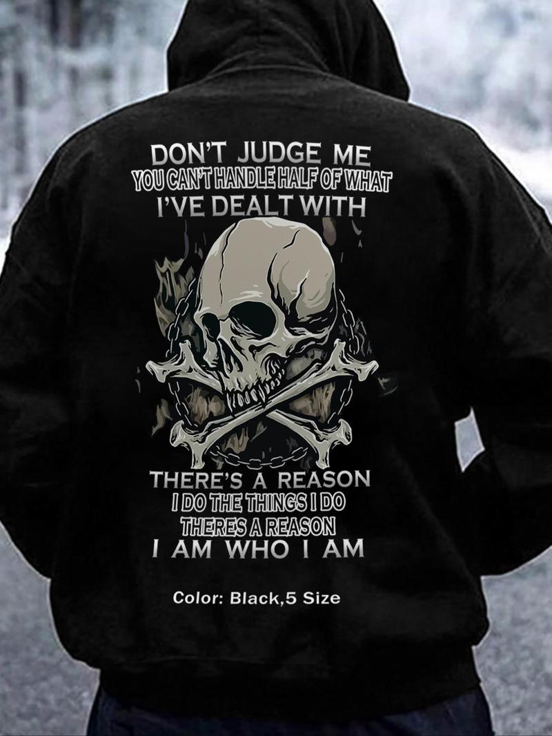 Product Introduction of Men's Skull & Letter Print Drop Shoulder Hoodie, Regular Fit Fashion Casual Drawstring Pocket Hooded Sweatshirt for Daily Holiday Outdoor Wear, Men Clothes for Fall & Winter 1