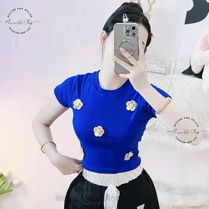 Áo Thun Croptop Ôm Body Nữ Form Basic Cổ Tròn Tay Ngắn Đính Hoa Mai Vải Ngũ Sắc, MLS115, Kích Cở S M L, Chất Thun Borip, Women Thun Sen Sò Hoa Sen Trắng