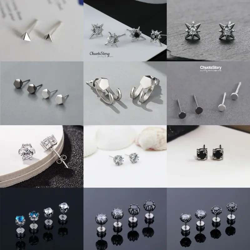Khuyên tai titan nam nữ xỏ lỗ đính đá nhiều mẫu, bông tai titan không gỉ nụ đá - ChuotsStory