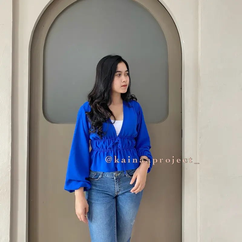 Alena Blouse Airflow Hijab Friendly Korean Blouse Baju Biru 1