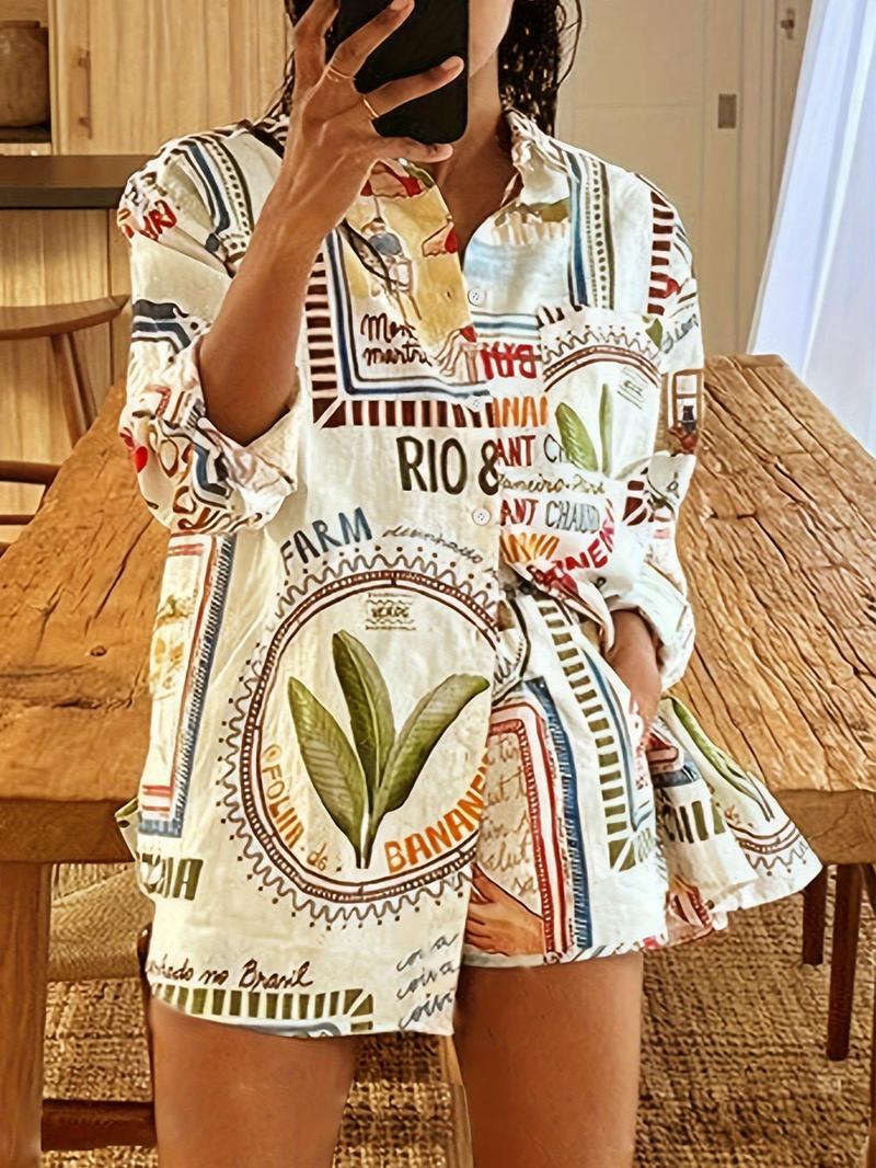 Product Introduction of Women's All Over Print Button Front Blouse & Drawstring Waist Shorts Two-Piece Set, Boho Casual Drop Shoulder Long Sleeve Top & High Waist Shorts for Summer, Ladies Clothes for Vacation Holiday 1