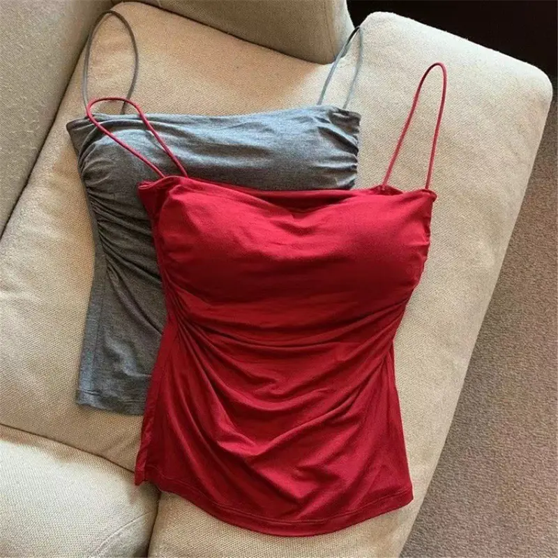 Áo Vest Hai Dây Xếp Ly Màu Đỏ Rượu Vang Gợi Cảm, Cô Gái Nóng Bỏng, Dành Cho Nữ, Áo Không Tay Mùa Hè, Có Dây Đeo Vai Mỏng, DDUN Top Women Kem 1
