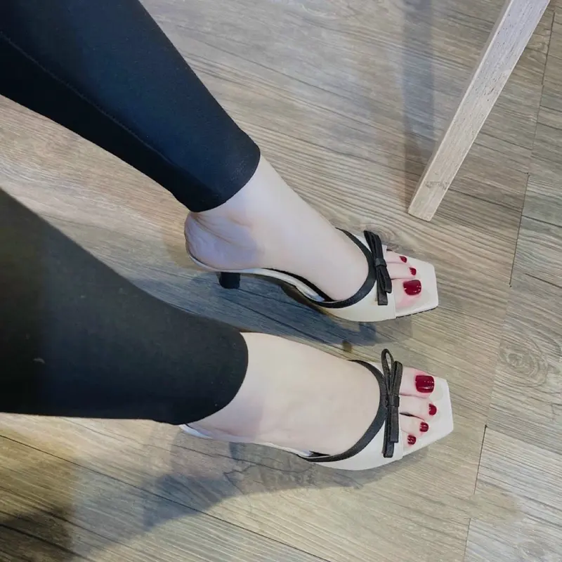 Dép cap gót nơ gót mảnh 6cm và 7.5cm phối màu đơn giản nhẹ nhàng, thanh lịch - Xưởng Giày Bánh Bèo mã DepNo2T Nữ DéP Shoes 7