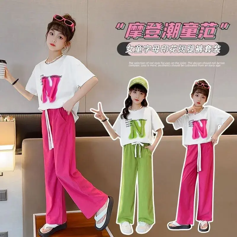 Bộ Đồ Mùa Hè Cho Bé Gái, Thời Trang Trẻ Em Mới, ngắn Tay, Cỡ Trung Bình Và Lớn, Bộ Đồ Hai Mảnh, Phong Cách Thường Ngày Quần Ống Rộng, Bán Chạy Trên Internet, Thời Trang 7