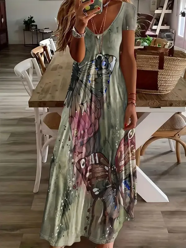 Women's Butterfly Print V Neck Dress, Fashion Casual Short Sleeve Long Dress for Daily Holiday Vacation Wear, Women Dress for Spring Fall 0