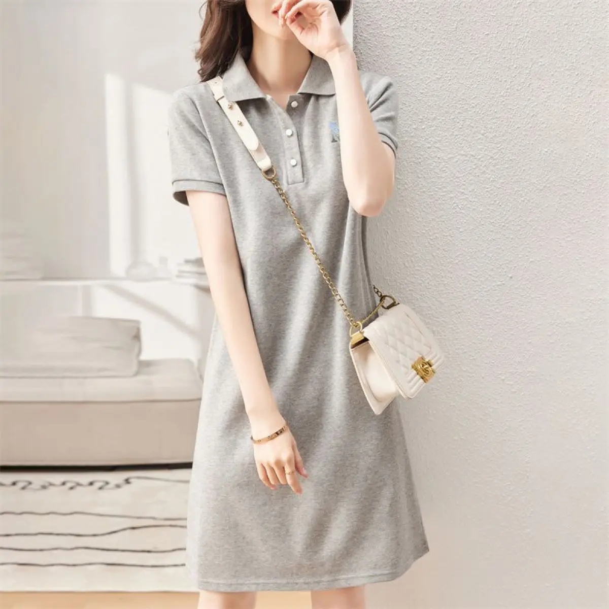 Váy Polo, Hàng Mới Về Mùa Hè Cho Nữ, Phong Cách Thường Ngày Thẳng, Ve Áo, Dáng Rộng Vừa Vặn, Màu Xám, Váy Chữ A, Thích Hợp Cho Học Sinh, ngắn Tay, Váy Midi