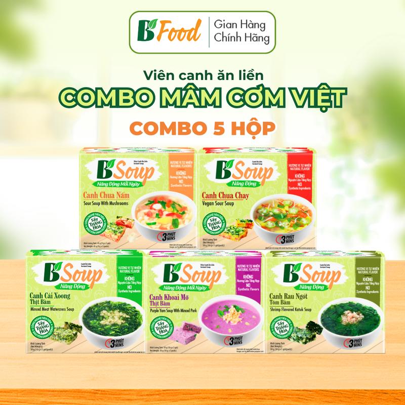 Combo 5 hộp Viên Canh Ăn Liền Canh Chua - Chay & Nấm Cải Xoong Rau Ngót Khoai Mỡ Sấy thăng hoa B'Soup