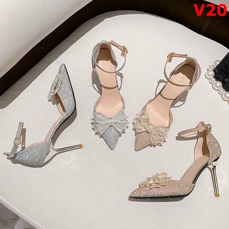 Giày cao gót bít mũi nơ xinh gót 9 phân Gót rất cao (trên 8 cm) Nữ DéP Sandal Shoes hyuna heels