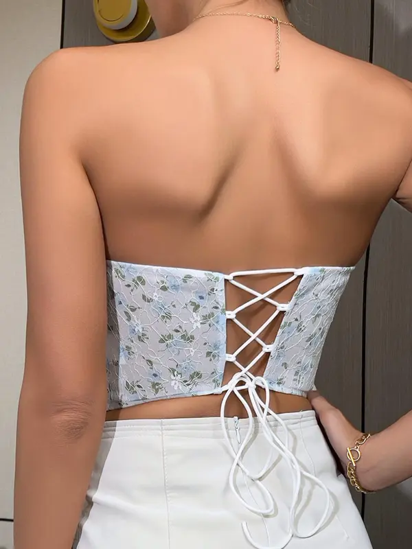 Women's Ditsy Floral Lace Up Criss Cross Backless Crop Tube Top, Summer Clothes Women, Fashionable Hanky Hem Sleeveless Top for Summer, White Tube Top, Summer Tops, Lady's Top for Beach Holiday Vacation, Summer Womenswear 5