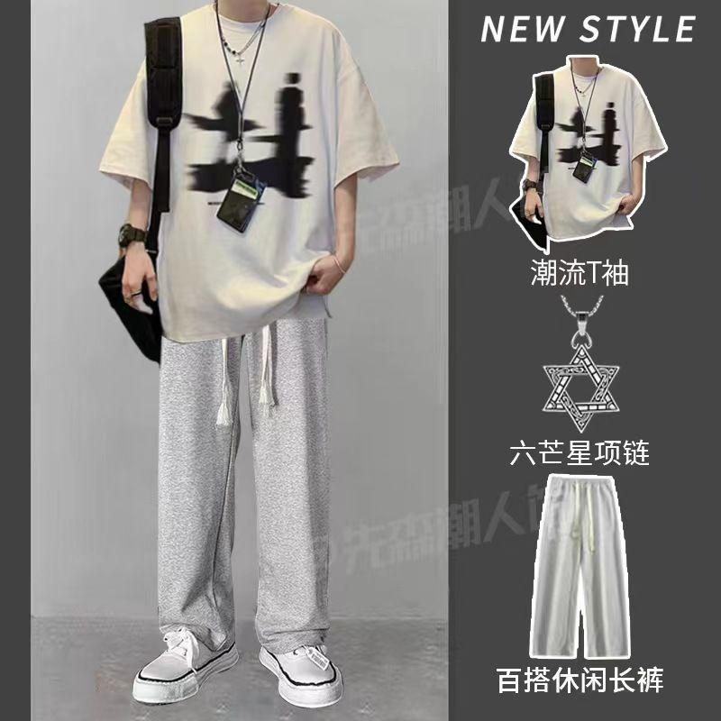 Product Introduction of [หนึ่งชุด] แบรนด์แฟชั่นสีน้ำตาลอเมริกันคอกลมแขนสั้นผู้ชายสไตล์ฮ่องกงเสื้อยืดพิมพ์ลายที่น่าทึ่งพร้อมกางเกงครอปเชือกขนาดใหญ่ 6