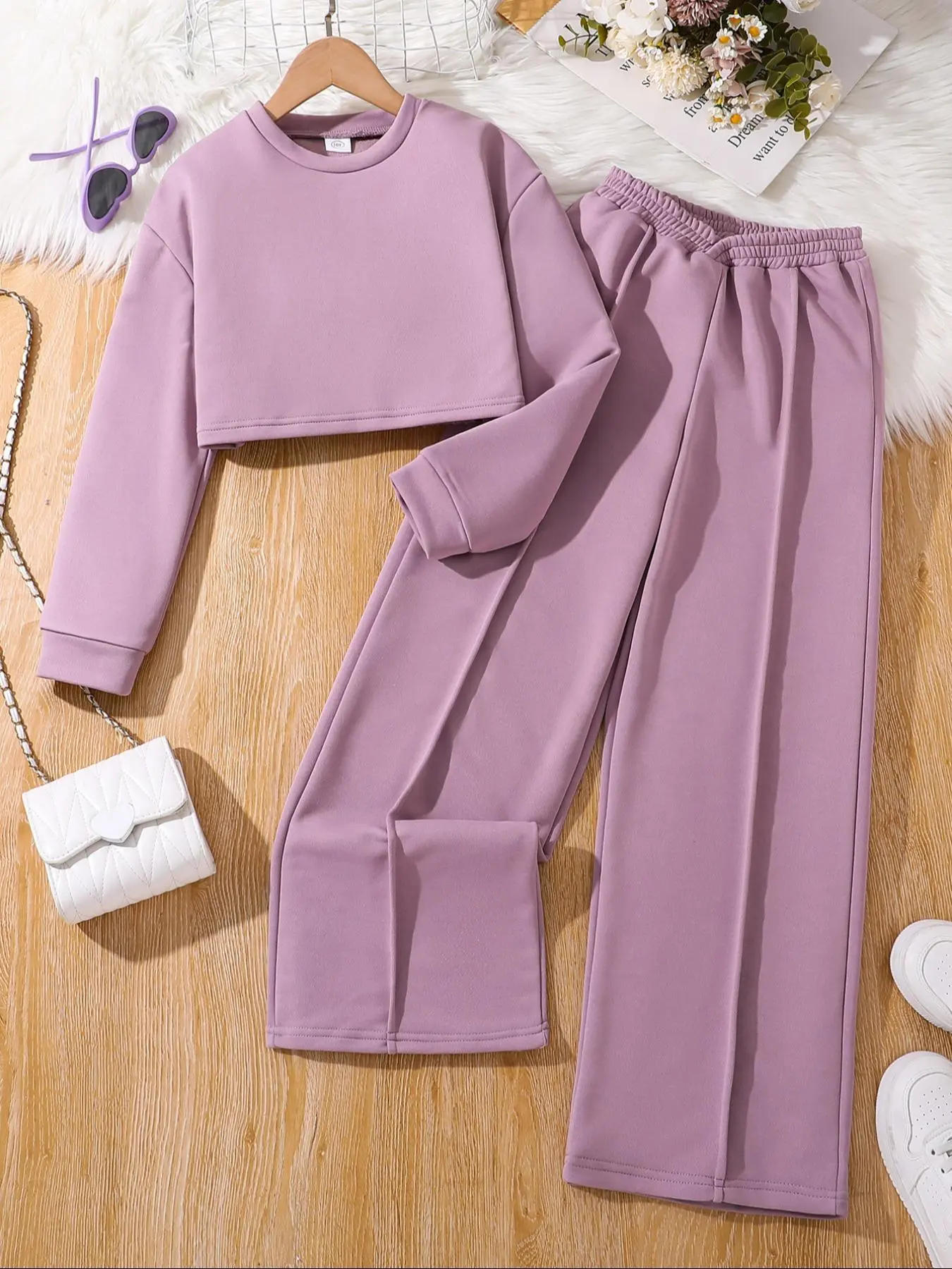 Two-Piece Set Girl's Solid Crop Top & Wide Leg Pants Set, Casual Round Neck Long Sleeve Top & Trousers for Daily Wear, Kids Fall & Winter Clothes