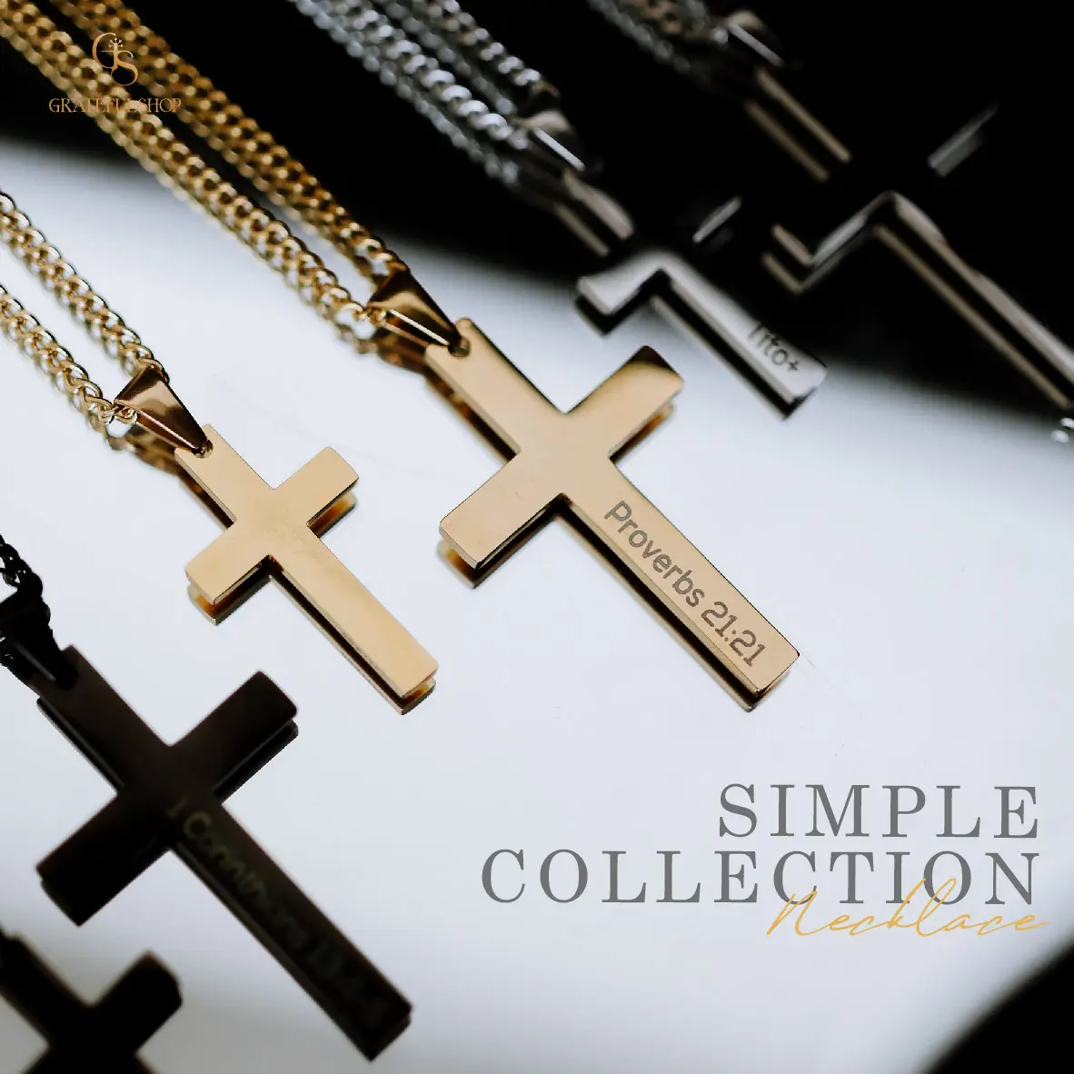 Grateful - Kalung Salib Gold/SILVER/BLACK Simple Premium / NECKLACE CROSS Gold/SILVER/BLACK SIMPLE stainless steel (ANTI KARAT) (BISA DIUKIR) FREE POUCH Bandul Liontin