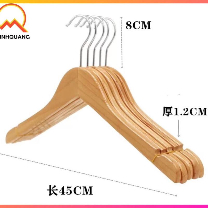  combo 10 móc treo quần áo nam nữ bằng gỗ màu vàng cổ tròn đầu móc inox sáng bóng xoay 360 dùng cho cửa hàng và shop thời trang 