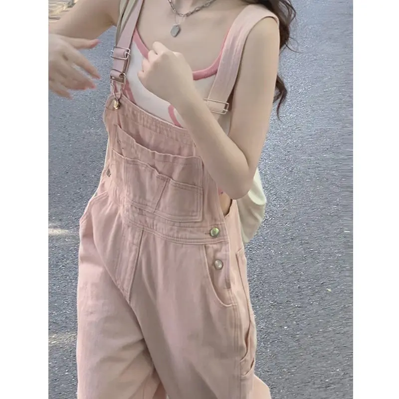 Quần Yếm Denim, Màu Hồng, Dành Cho Nữ, Hàng Mới Về Mùa Hè, Cỡ Nhỏ Và Rộng Rãi, Phong Cách Cổ Điển Thường Ngày Ống Thẳng, Thích Hợp Cho Quần Áo Bảo Hộ Lao Động, Áo Jumpsuit Quần Ống Rộng