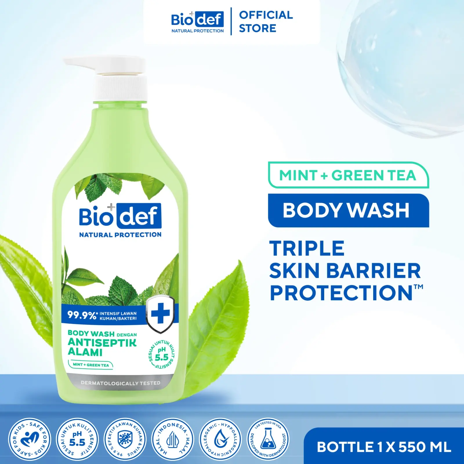 Biodef Mint - Green Tea Whitening Botol 550ml| Sabun Mandi Cair Antiseptik Aman dan Halal | Sabun Mandi Melembabkan| Sabun Mandi Cair Untuk Meredakan Jerawat Punggung, Back Acne, dan Minyak Pada Kulit