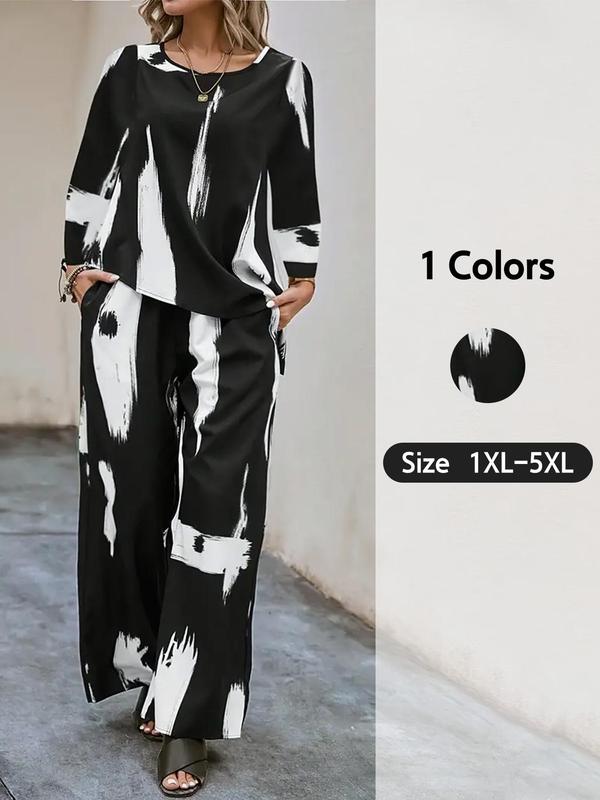 Plus Size Pop Art Print Asymmetrical Hem Blouse & Pocket Wide Leg Pants, Round Neck Long Sleeve Top & Trousers, Women's Two-piece Outfits for Daily Wear 1