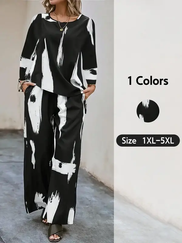 Plus Size Pop Art Print Asymmetrical Hem Blouse & Pocket Wide Leg Pants, Round Neck Long Sleeve Top & Trousers, Women's Two-piece Outfits for Daily Wear 1