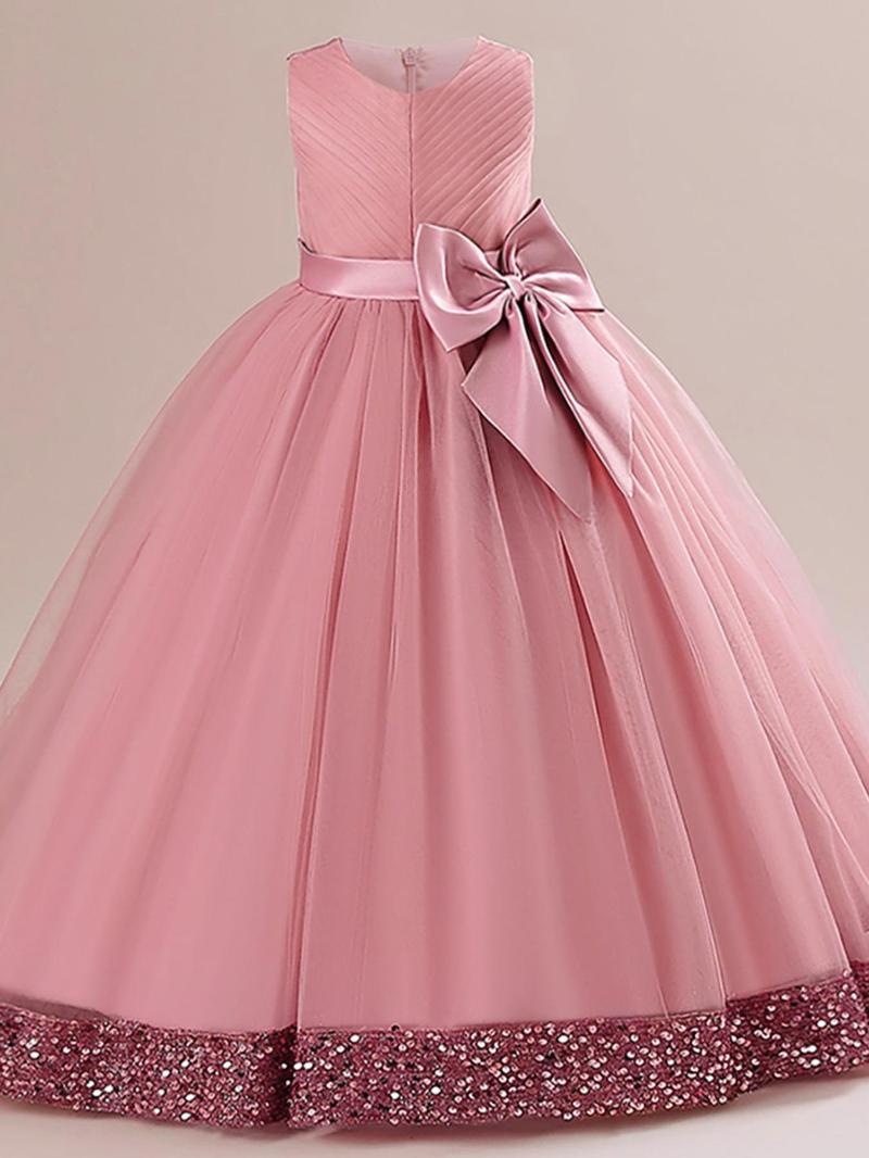 Product Introduction of Girl's Big Bow Decor Sleeveless Sequins Party Dress, Elegant Round Neck Fit & Flare Dress for Wedding Party, Kids Clothes for All Seasons, Girl Clothes 10