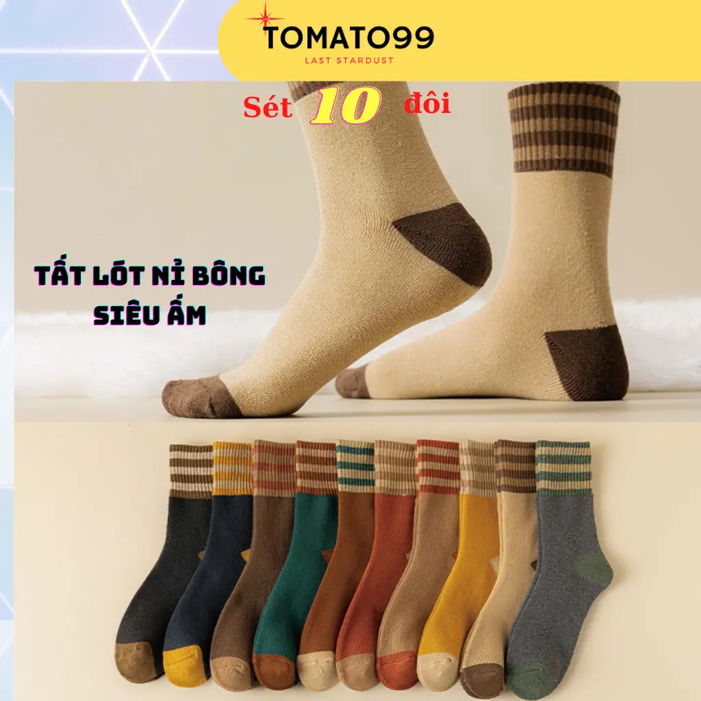 Tất nữ lót nỉ bông sét 10 đôi, Vớ nữ cổ cao 10 mầu cổ vạch - T57