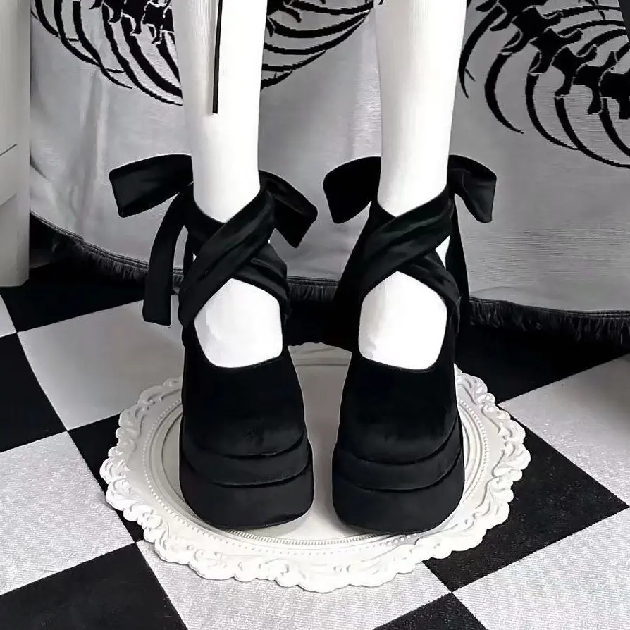 Black High Heels Autumn and Winter New Waterproof Platform Thick Heel Platform Barbie Pumps Lolita Mary Jane Shoes for Women