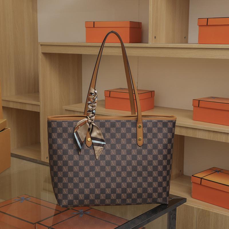   Không Tặng Ví Nhỏ  Túi xách nữ túi tote công sở da kẻ ô kèm khăn lụa sang chảnh Bag Kem Hoa Chữ Nhật 