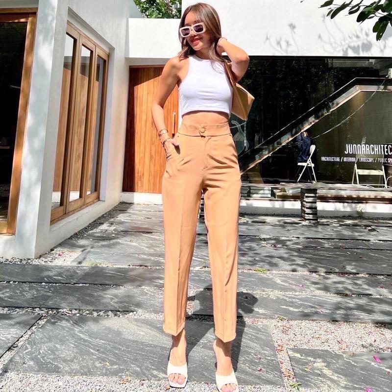 Celana Promthong BO1 7/9 High Waist Kancing Bulat Katun Tidak Stretch Bangkok Wanita 5