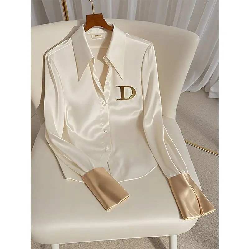 Áo Sơ Mi Satin Axit Trắng, Lối Vào Kiểu Pháp OOTD, Dành Cho Nữ, Thiết Kế Đẹp, Thích Hợp Cho Mùa Xuân Và Mùa Thu, Độc Đáo, Phong Cách Phương Tây Sang Trọng Độc Đáo Áo Cao Cấp