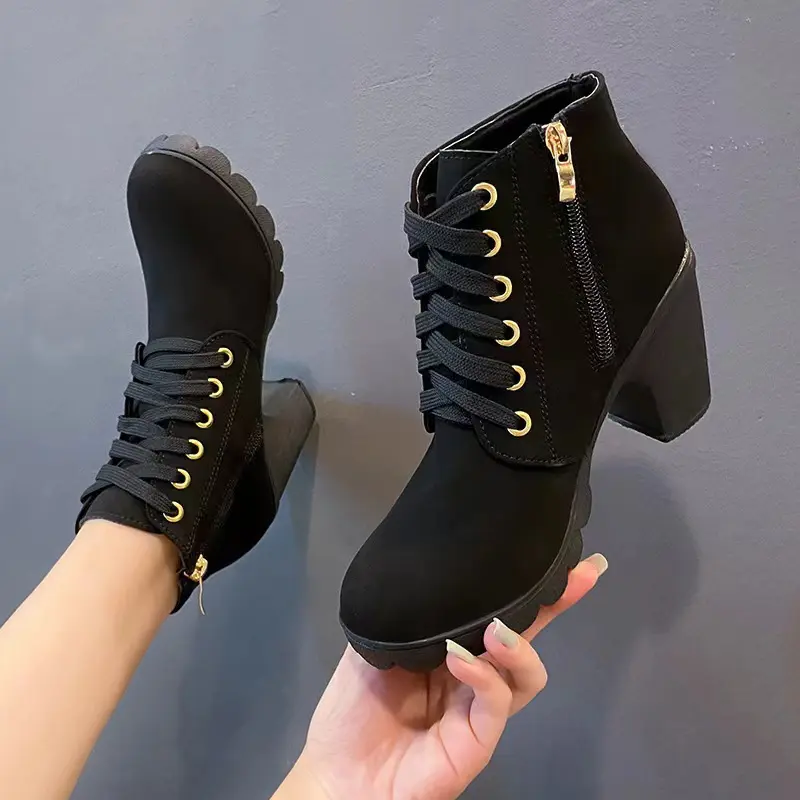 Bốt Cao Gót Chunky, Bốt Martin Cho Nữ, Buộc Dây Mũi Tròn, Chất Liệu Nhám Bốt Cao Gót Dày, Ống Ngắn, Hàng Mới Về Năm 2024 GiàY Ong Shoes Boot