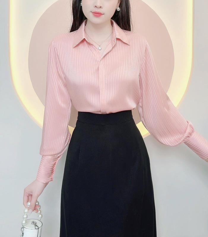  Áo sơ mi nữ thiết kế Lụa tơ tằm sọc cao cấp nẹp đôi sang trọng chất liệu mềm mát   LAMO-B1245 