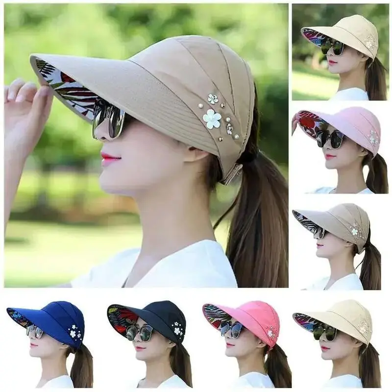 Fashion Womens Ladies Summer Vacation Wide Brim Foldable Sun Hat Anti-UV Beach Visor Caps Empty Top Hats