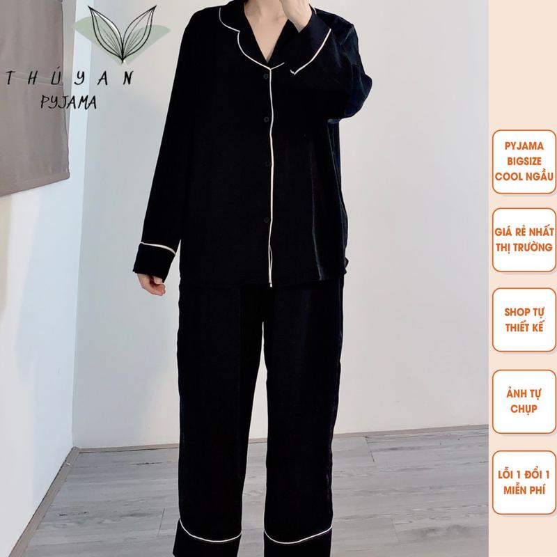 Bộ Pijama Bigsize đen trơn tay dài mặc nhà dành cho nữ mẹ bầu từ 60kg - 90kg.