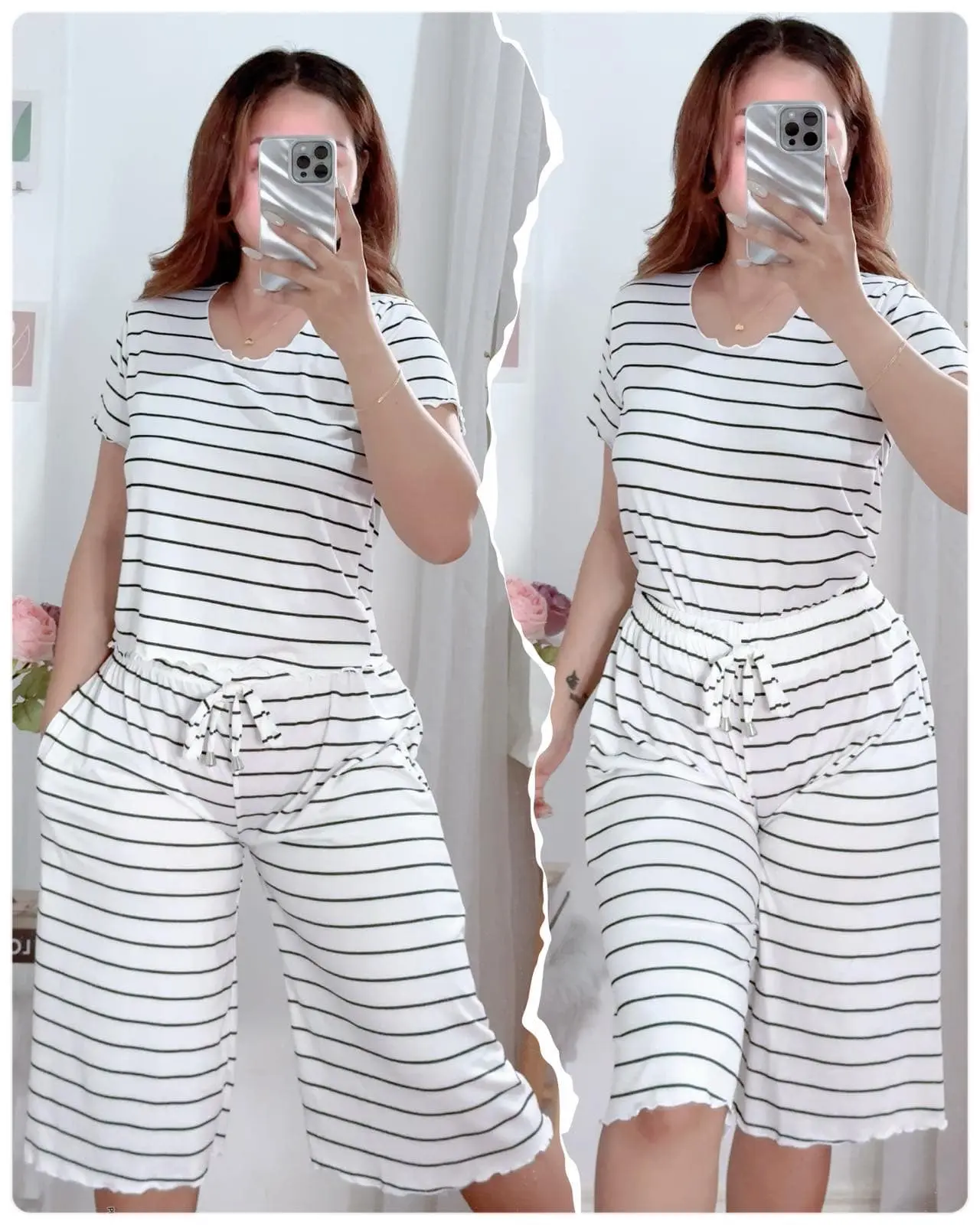 Striped Womenswear Blouse and Tokong Squarepants Terno Womenswear with 2 Side Pocket fit up to Semi XL | Cotton Spandex Fabric Lady Casual Comfort