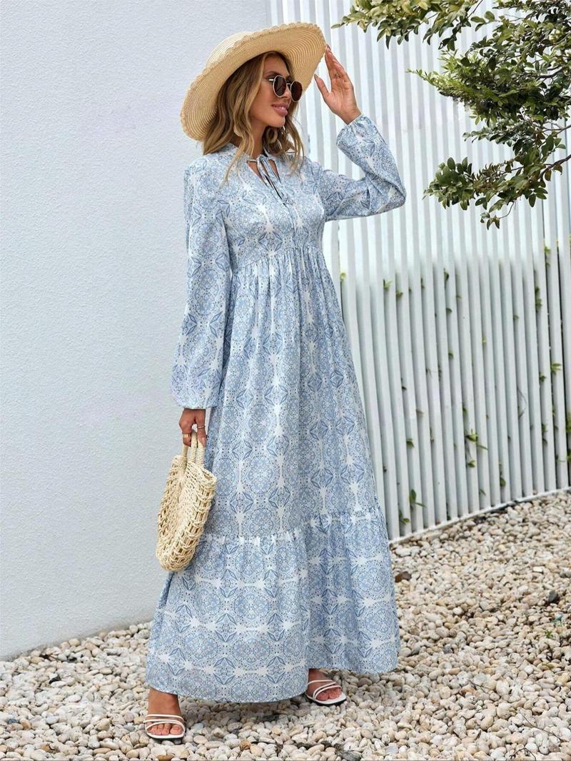 Product Introduction of Women's All Over Print Tie Neck Ruffle Hem A Line Dress, Fashion Casual Bishop Sleeve Long Dress, Ladies Dress for Holiday Vacation Daily Wear Frenchy Style, Dresses for Women 4