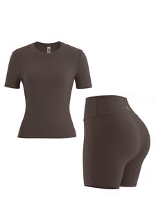 Conjunto de dos piezas Camiseta con cuello redondo gráfico para mujer y pantalones cortos de cintura alta Conjunto de chándal, Camiseta deportiva de alta elasticidad y pantalones cortos con cintura, Ropa deportiva para mujer para uso interior y exterior