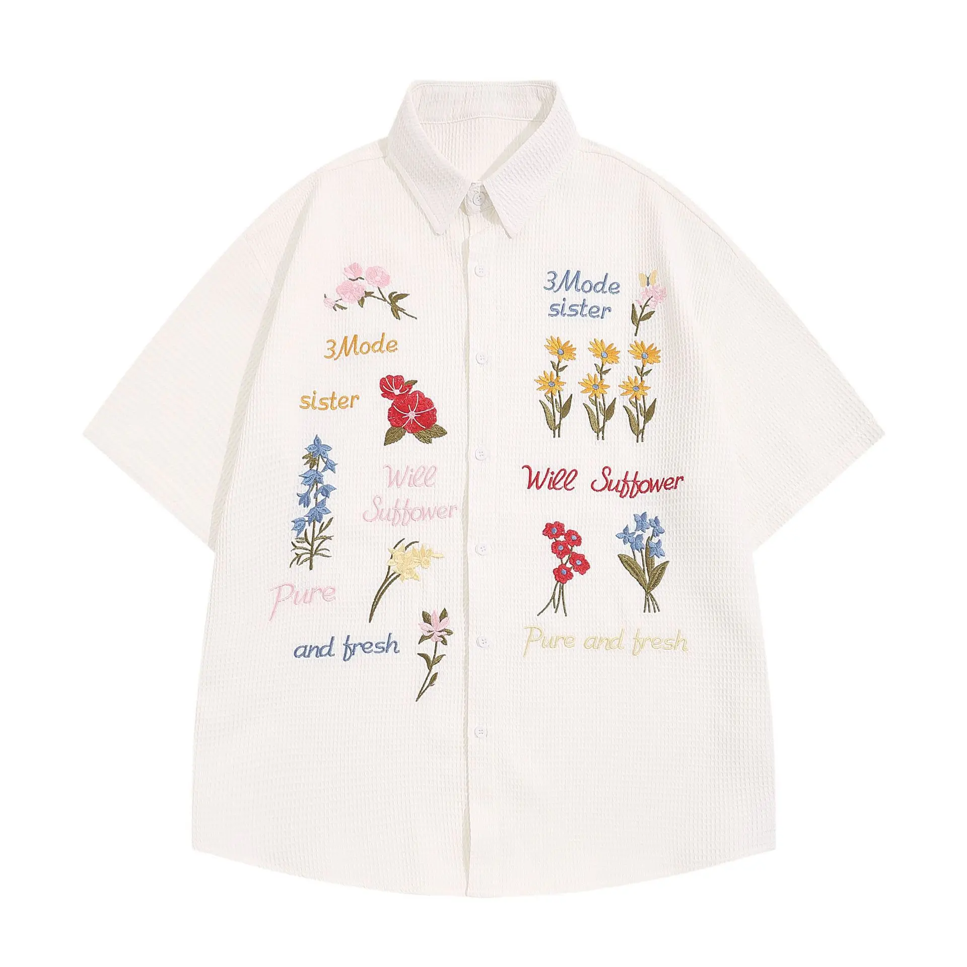 【Seagull Famous】 Menswear Áo Sơ Mi Kẻ Sọc, Phong Cách Cổ Điển Thêu Gấu, ngắn Tay Áo, Dáng Rộng Và Thường Ngày, Thích Hợp Cho Nam Và Nữ, Áo Sơ Mi Tay Lửng Hoạt Hình Cặp Đôi, Trang Phục Mùa Hè