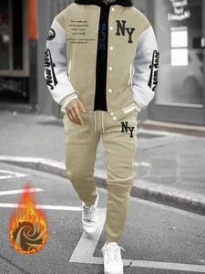 Men's Thermal Lined Letter Print Baseball Collar Jacket & Pants Two-Piece Set, Casual Fashion Breathable Two Piece Outfits for Daily Wear, Men's Clothes for Fall & Winter
