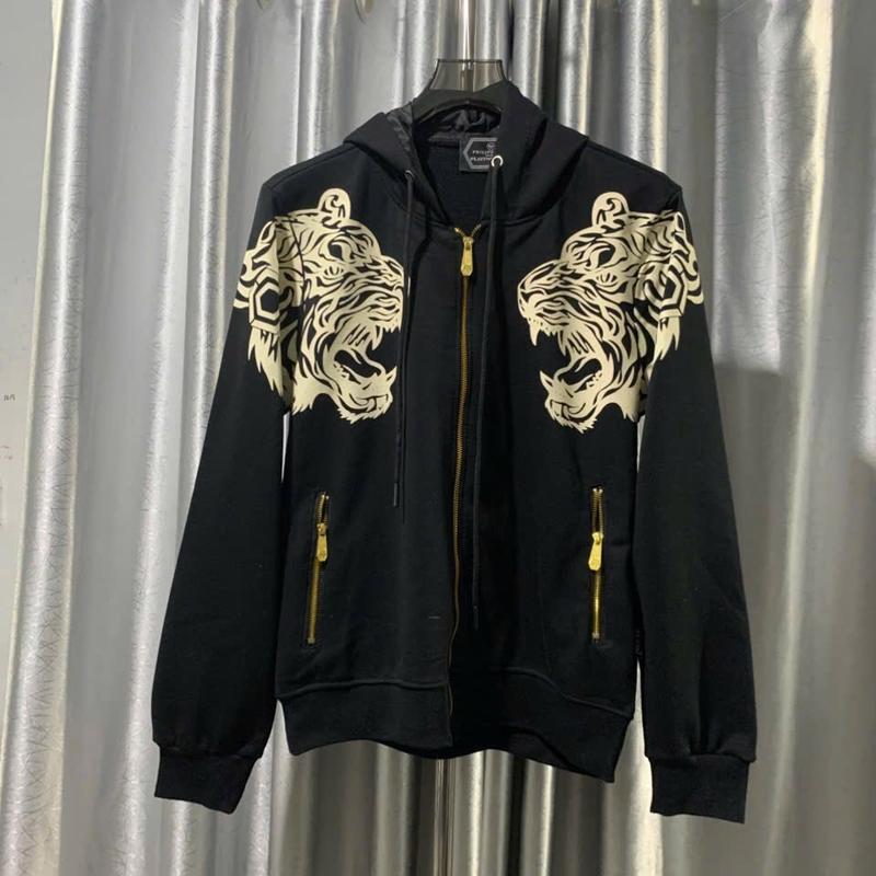Áo khoác hoodi có mũ philip plein new có khoá kéo vàng in 2 hổ đằng trước trắng khoá titan chuân lôgo chât liệu nỉ châ cua lên mặc mịn mềm lên fom chuân đep
