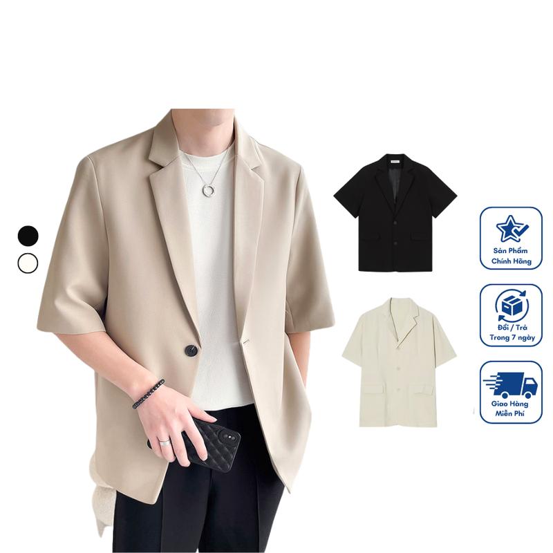 Áo blazer cộc tay nam from rộng vải lụa thoáng mát không nhăn - Blazer cộc tay 2 màu basic dáng trẻ trung hàn quốc