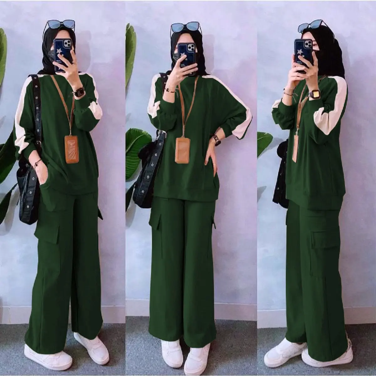 MADHARSHOP Haelyn Oneset Cargo Wanita Baju Daily Setelan Waffle Knit Fashion Muslim Kulot Panjang Celana  Dewasa Atasan
