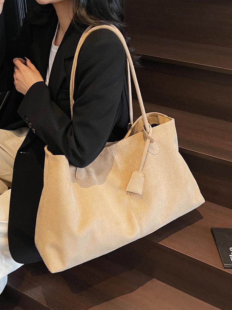 Product Introduction of Women's Solid Color Shoulder Bag, Fashionable Temperament Large Capacity Tote Bag, Simple Retro Style Shoulder Bag for Work, School, Daily Commuting 3