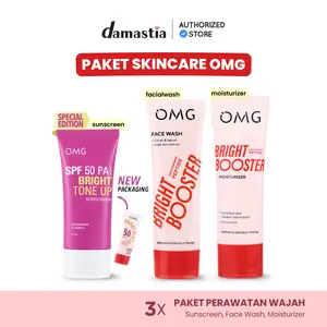 OMG Oh My Glow Paket 3X Bright Booster Glow Kit Bright & Protect - Paket Tone Up (Facewash, Moisturizer, Sunscreen) Kulit Tampak Glowing, Mencerahkan & Sehat - Niacinamide , Peptide, Vitamin C