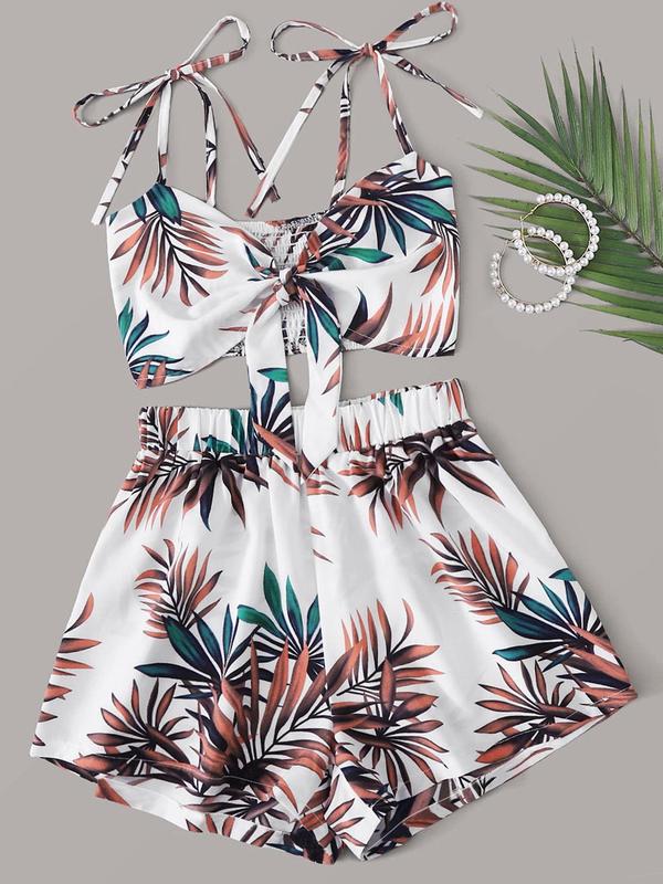 Two-piece Set Women's Leaf Print Boho Tie Shoulder Knot Front Crop Cami Top & Elastic Waist Shorts Set, Ladies Summer Clothes for Beach Vacation 0
