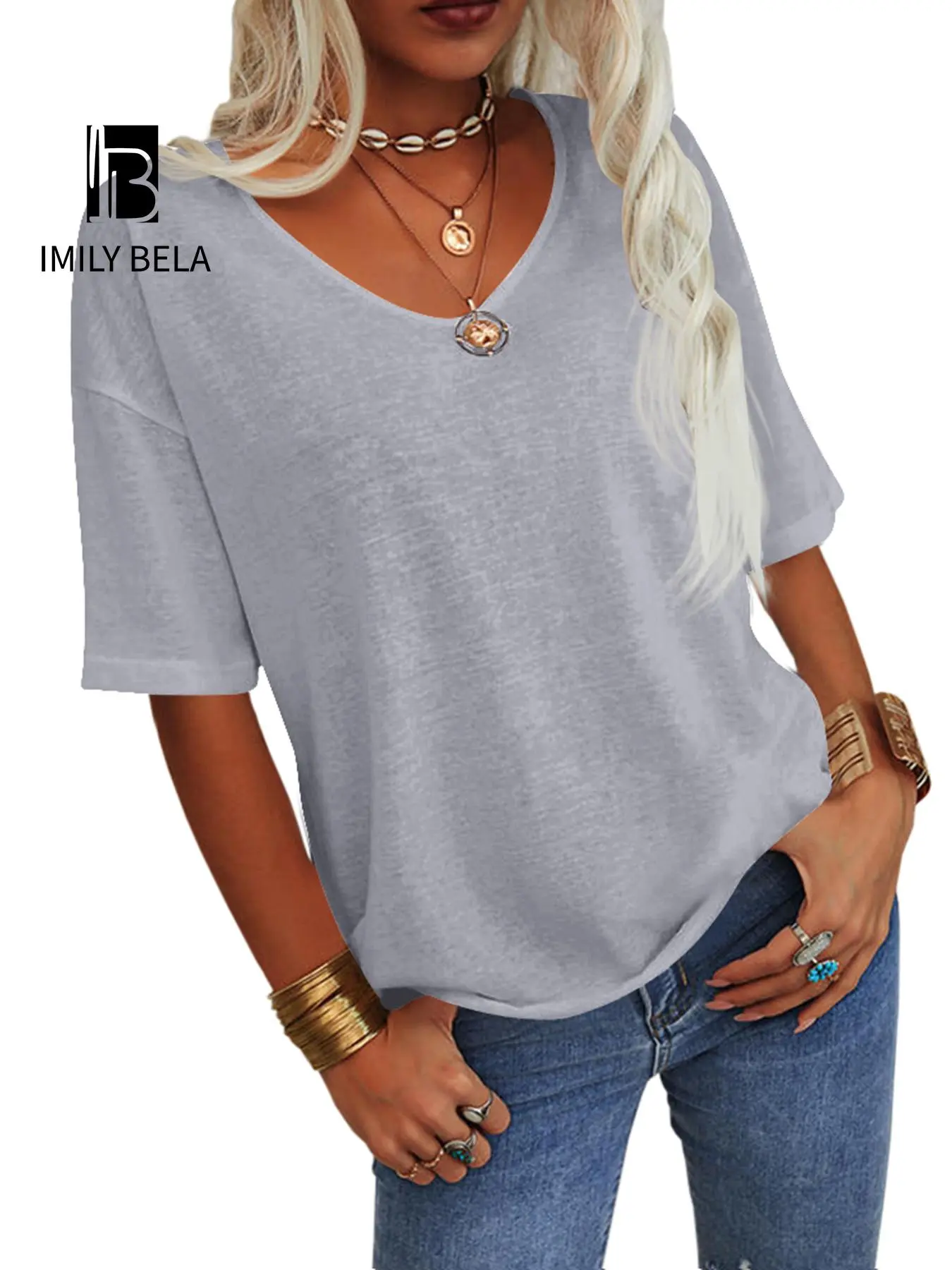 Women's 3/4 Sleeve Shirts V Neck Loose Fitting Tops Casual Solid Color Tshirts Trendy Basic Tunic Summer Ladies Tops