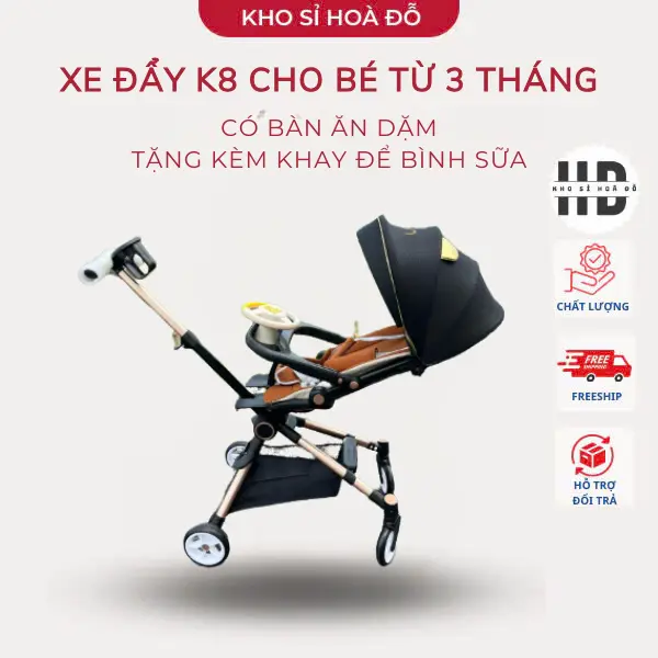 Xe đẩy cao cấp K8 cho bé từ 3 tháng, có bàn ăn dặm, tặng kèm khay để bình sữa, có lò xo giảm xóc Kem