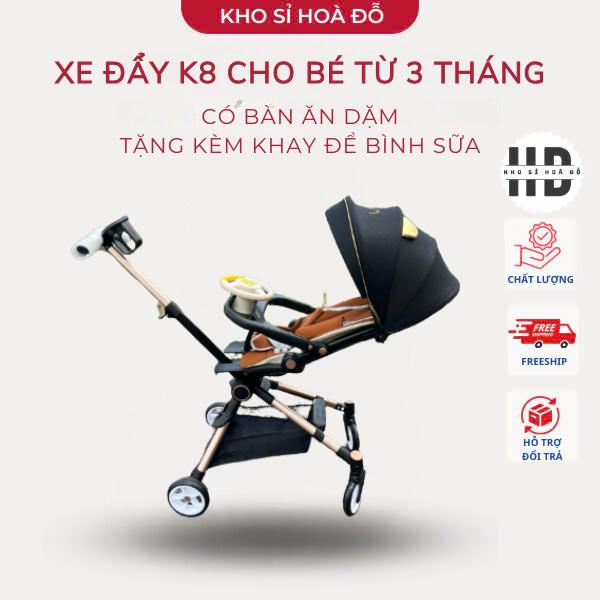 Xe đẩy cao cấp K8 cho bé từ 3 tháng có bàn ăn dặm tặng kèm khay để bình sữa có lò xo giảm xóc Kem