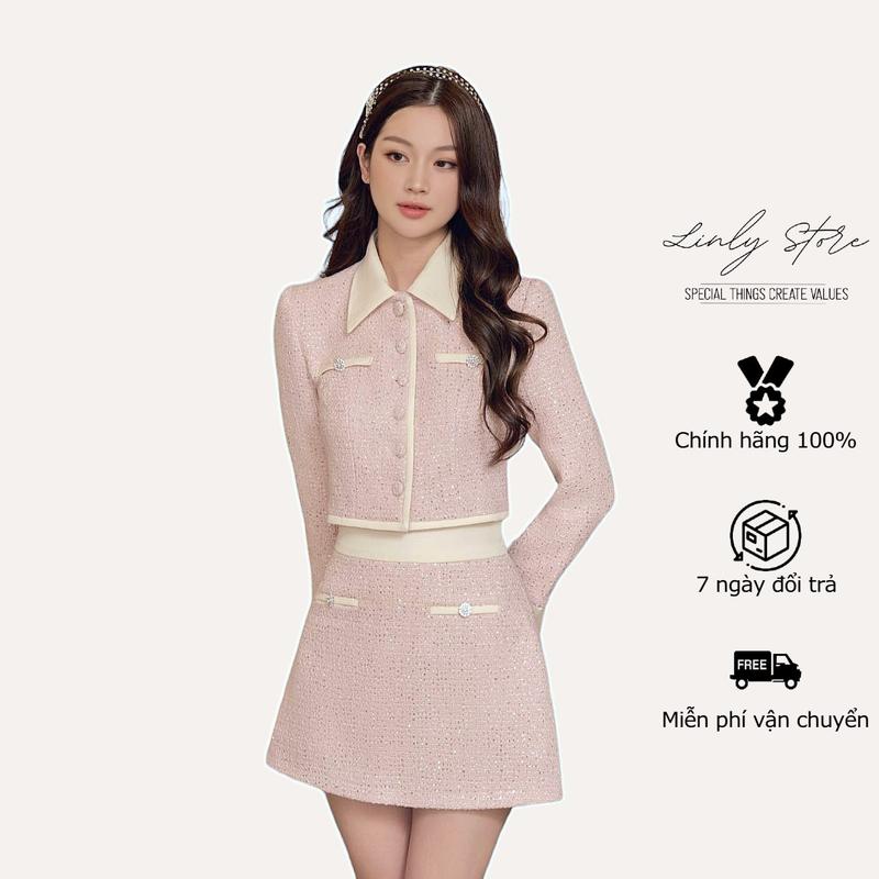 Set áo vest tay dài kèm chân váy Linly Store blazer nữ chất dạ Tweed