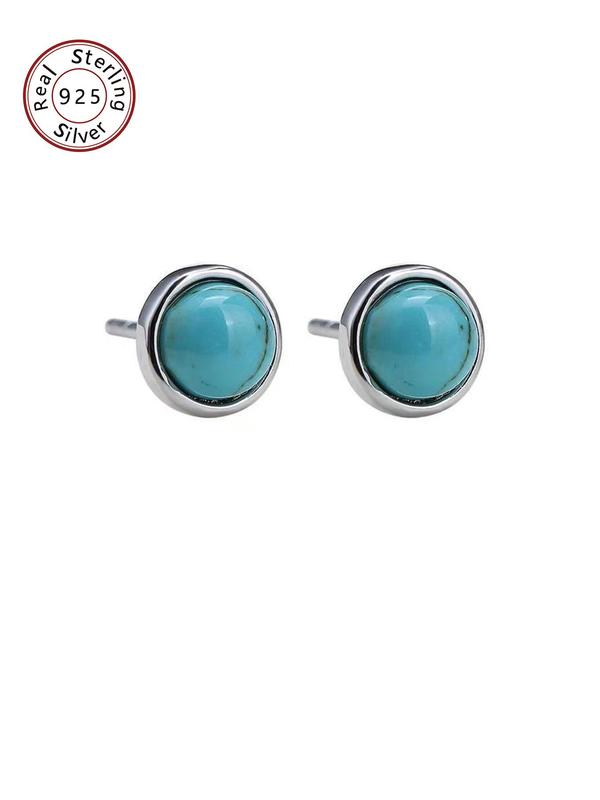 S925 Sterling Silver Round Shaped Turquoise Decor Earrings, Elegant Jewelry for Women, Trendy All-match & Exquisite Jewelry for Birthday Gift 0