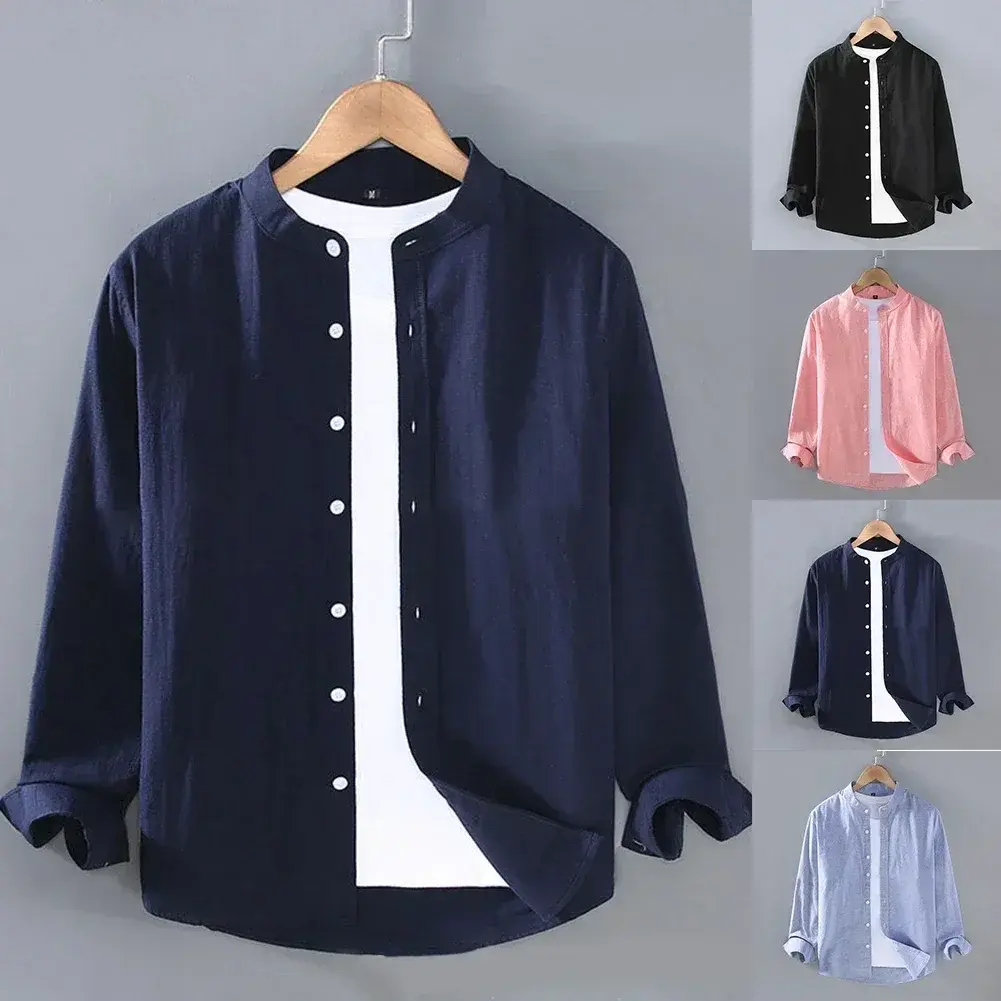 Men's spring and summer solid color linen shirt collar long sleeved Henley soft and comfortable simple long sleeved shirt